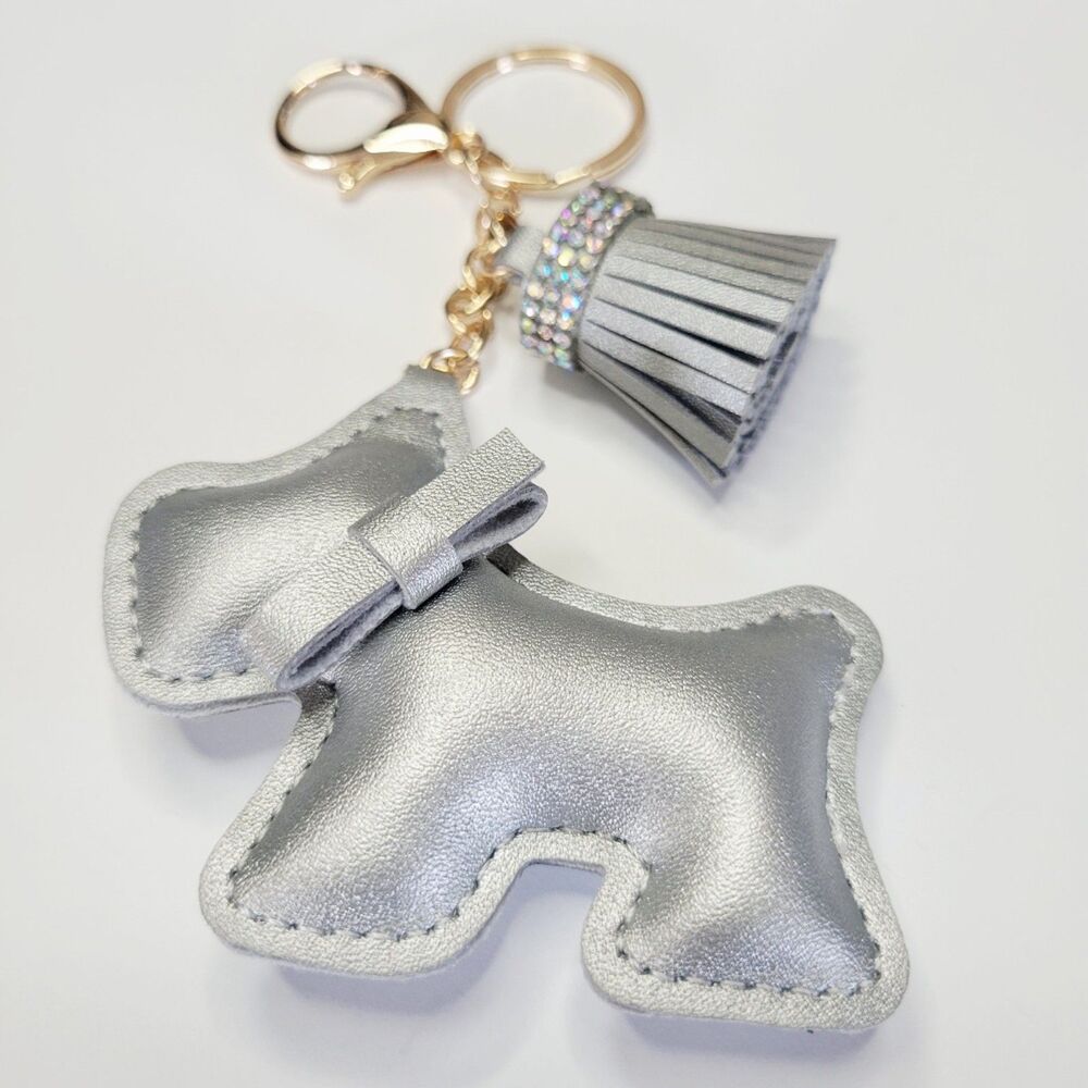 NWT Schnauzer Terrier Keychain Bag Charm Metallic Silver, Gold Color With Tassel